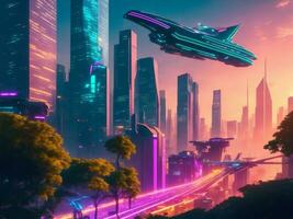 Futuristic cityscape at sunset, Generative AI Illustration. photo