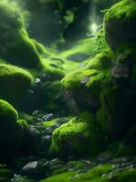 Green moss in forest, Generative AI Illustration. photo