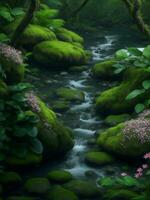 A river in forest with many plants, Generative AI Illustration. photo