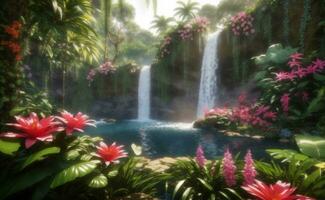 A waterfall in forest with blooming flowers, Generative AI Illustration. photo
