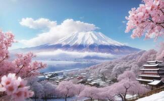 Cherry blossom field with fuji mountain, Generative AI Illustration. photo