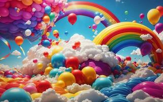 Party with balloons and rainbow, Generative AI Illustration. photo