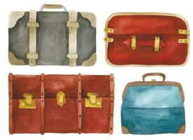 watercolor drawing, set of vintage suitcases. old travel bags and suitcases vector