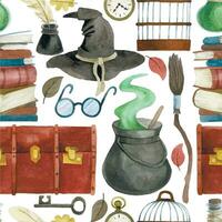 watercolor seamless pattern with magic items. witchcraft, school of wizards. vector