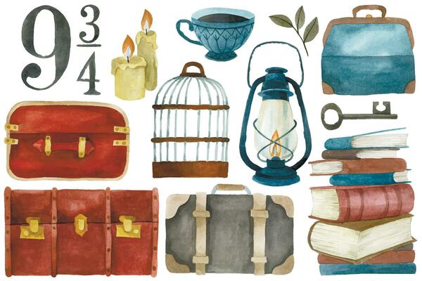 watercolor drawing, set of vintage elements, old items. stack of books, oil lamp, clock