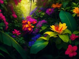 Beautiful tropical flowers in jungle, Generative AI Illustration. photo