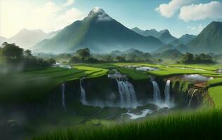 Rice field with mountain and waterfall in Thailand, Generative AI Illustration. photo