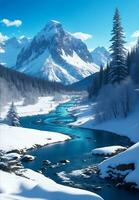 Beautiful snow mountain with river, Generative AI Illustration. photo