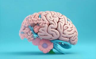 Human brain with blooming flowers, Generative AI Illustration. photo