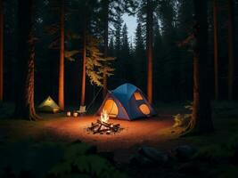tienda en un bosque con un acampar fuego, generativo ai ilustración. foto