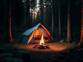Tent in a forest with a camp fire, Generative AI Illustration. photo