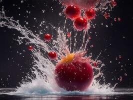 Cherries falling into the water, Generative AI Illustration. photo