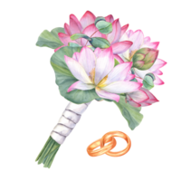 Wedding bouquet with white pink lotuses and eucalyptus. Blooming water lily, buds, green leaves, gold rings. Lovely boutonniere with satin ribbon. Watercolor illustration for wedding stationary png