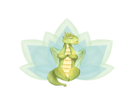 Cartoon Dragon sitting in lotus pose against the background of abstract waterlily flower. Animal practicing fitness exercises. Active, healthy lifestyle. Watercolor illustration for design png