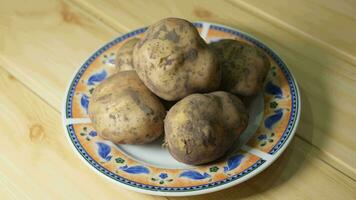 groß Knollen von ungewaschen Kartoffeln Lüge auf Platte. Kamera zoomt im langsam. video