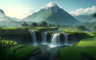 Rice field with mountain and waterfall in Thailand, Generative AI Illustration. photo