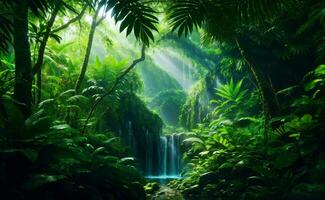 Green beautiful jungle background, Generative AI Illustration. photo