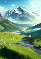 Summer landscape with mountains, Generative AI Illustration. photo