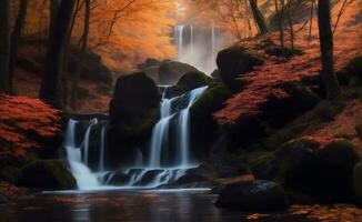 otoño bosque con cascada, generativo ai ilustración. foto