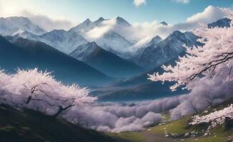 Cherry Blossom with mountain background, Generative AI Illustration. photo