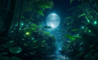 The magical jungle with moonlight, Generative AI Illustration. photo