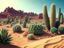 Cactus plants in desert, Generative AI Illustration. photo