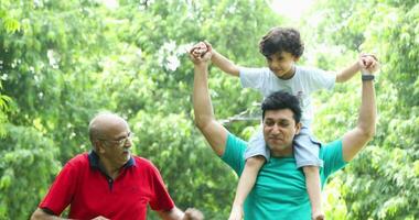 Video of three generations of men walking outdoors