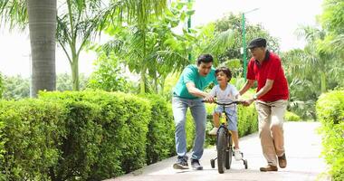 vídeo de chico aprendizaje bicicleta con asistencia de padre y abuelo en el parque video