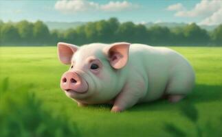 A cute fat pig on green field, Generative AI Illustration photo