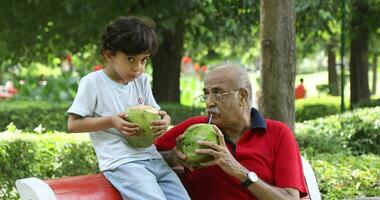 vídeo do avô e Neto tendo concorrência do bebendo concurso coco água video