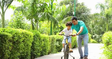 vidéo de peu garçon apprentissage vélo de le sien père video