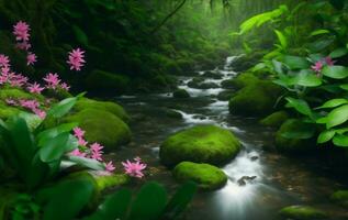 un río en bosque con muchos plantas, generativo ai ilustración. foto
