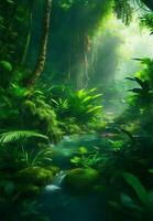 Green beautiful jungle background, Generative AI Illustration. photo