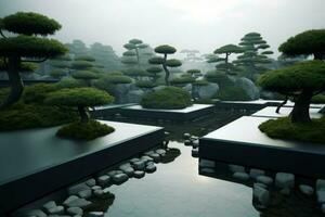 Japanese garden tree park. Generate Ai photo