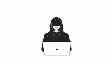 Laptop typing criminal with hoodie bw outline 2D character animation. Cyber attack monochrome linear cartoon 4K video. Anonymous computer hacker coding animated person isolated on white background video