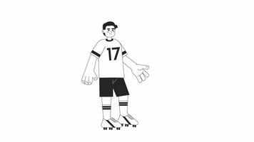 fútbol jugador rebote pelota en rodilla bw 2d personaje animación. pateando formación contorno dibujos animados 4k video, alfa canal. europeo masculino objetivo fútbol americano jugador animado persona aislado en blanco antecedentes video