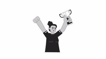 Deportes mujer con trofeo taza bw 2d personaje animación. celebrando contorno dibujos animados 4k video, alfa canal. africano americano hembra atleta participación premio animado persona aislado en blanco antecedentes video