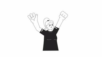 europäisch weiblich Athlet Cheerleader Hände oben bw 2d Charakter Animation. heiter Ventilator Gliederung Karikatur 4k Video, Alpha Kanal. glücklich kaukasisch Frau Prost animiert Person isoliert auf Weiß Hintergrund video