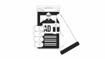 Hand holding phone with click fraud bw outline 2D animation. Get advertisement from cybercriminal 4K video motion graphic. Online ads monochrome linear animated cartoon flat concept, white background