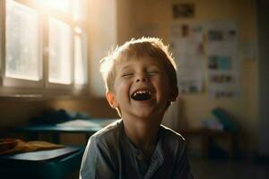 riendo niño salón de clases a Mañana. generar ai foto