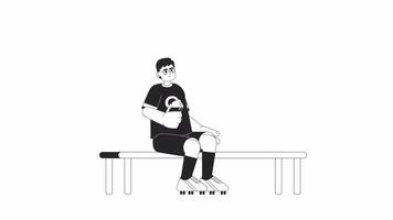 Asian soccer player drinking from water bottle bw 2D character animation. Break outline cartoon 4K video, alpha channel. Korean sportsman sitting on bench animated person isolated on white background video