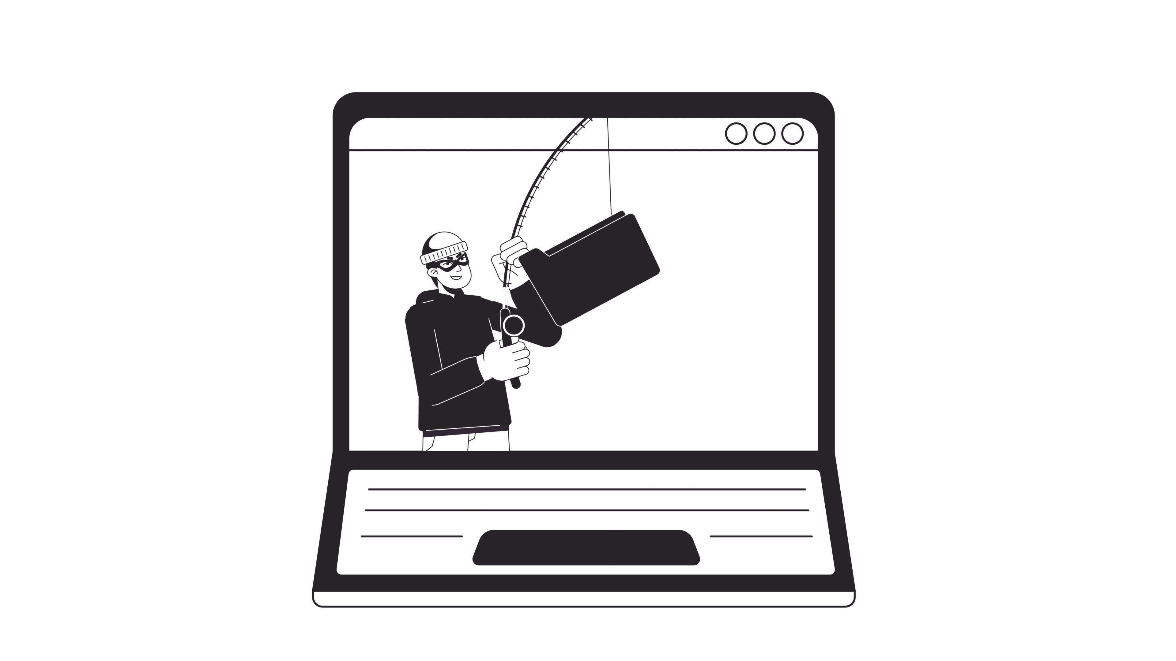 Hacker with fishing rod catching computer folder bw outline 2D animation.  Phishing 4K video motion graphic. Cyber attacker on laptop monochrome  linear animated cartoon flat concept, white background 28668018 Stock Video  at