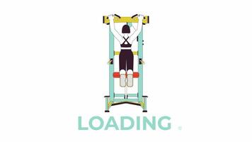 Working out on assisted pull up machine line 2D loading animation. Gym woman pulling up animated cartoon linear character 4K video loader motion graphic. Strength training download process gif