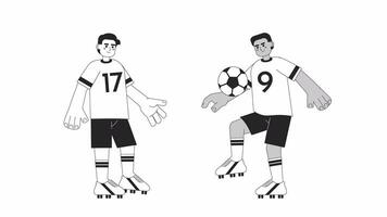 Soccer players practice bw cartoon animation. Boys playing sports 4K video motion graphic. Football athlete kicking ball with knee 2D monochrome line animated characters isolated on white background