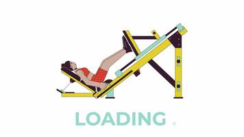 Working out on machine squat press line 2D loading animation. Female bending knees animated cartoon linear character 4K video loader motion graphic. Leg strengthening routine download process gif