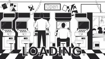 Play arcade machines bw loading animation. Friends gamers arcade videogame outline 2D cartoon characters 4K video loader motion graphic. Entertainment area. Vintage game animated gif isolated on white