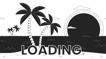 Beach palms sunset bw loading animation. Moving clouds, waves, seagulls outline 2D cartoon landscape 4K video loader motion graphic. Tropical shore. Summer horizon animated gif isolated on white