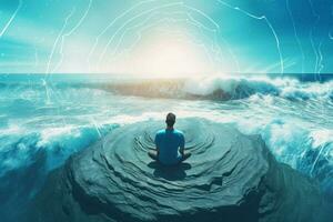 Man sitting ocean meditate in nature. Generate Ai photo