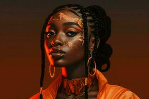 Black woman orange fashion. Generate Ai photo