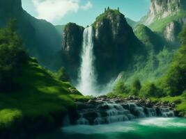 montaña con cascada verde naturaleza, generativo ai ilustración. foto